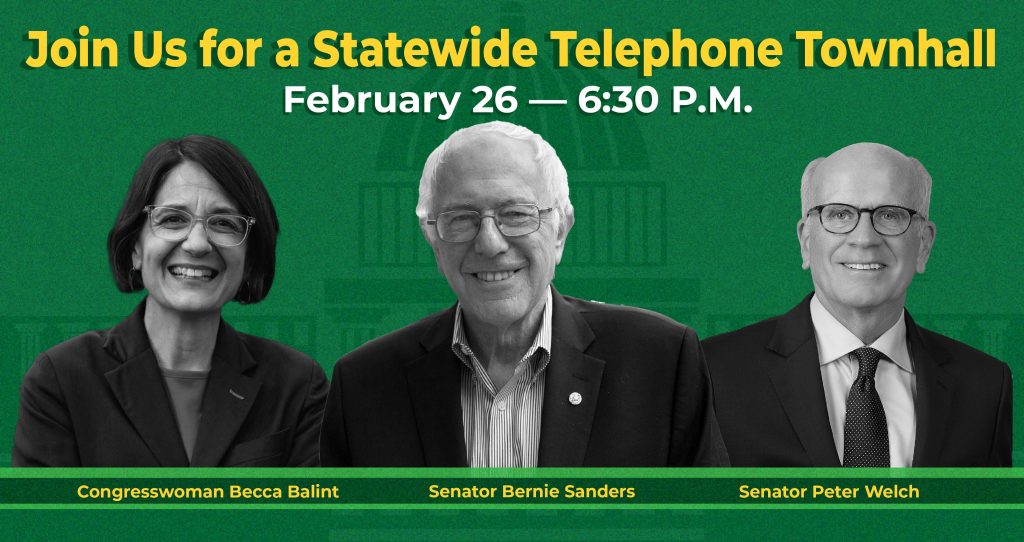 Graphic promoting the statewide telephone town meeting occurring on February 26 at 6:30 pm