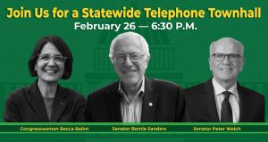 Graphic promoting the statewide telephone town meeting occurring on February 26 at 6:30 pm